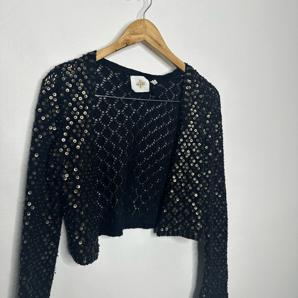 y2k ANTHROPOLOGIE Monogram sequined Cardigan Womens M cropped metallic open - Picture 4 of 8